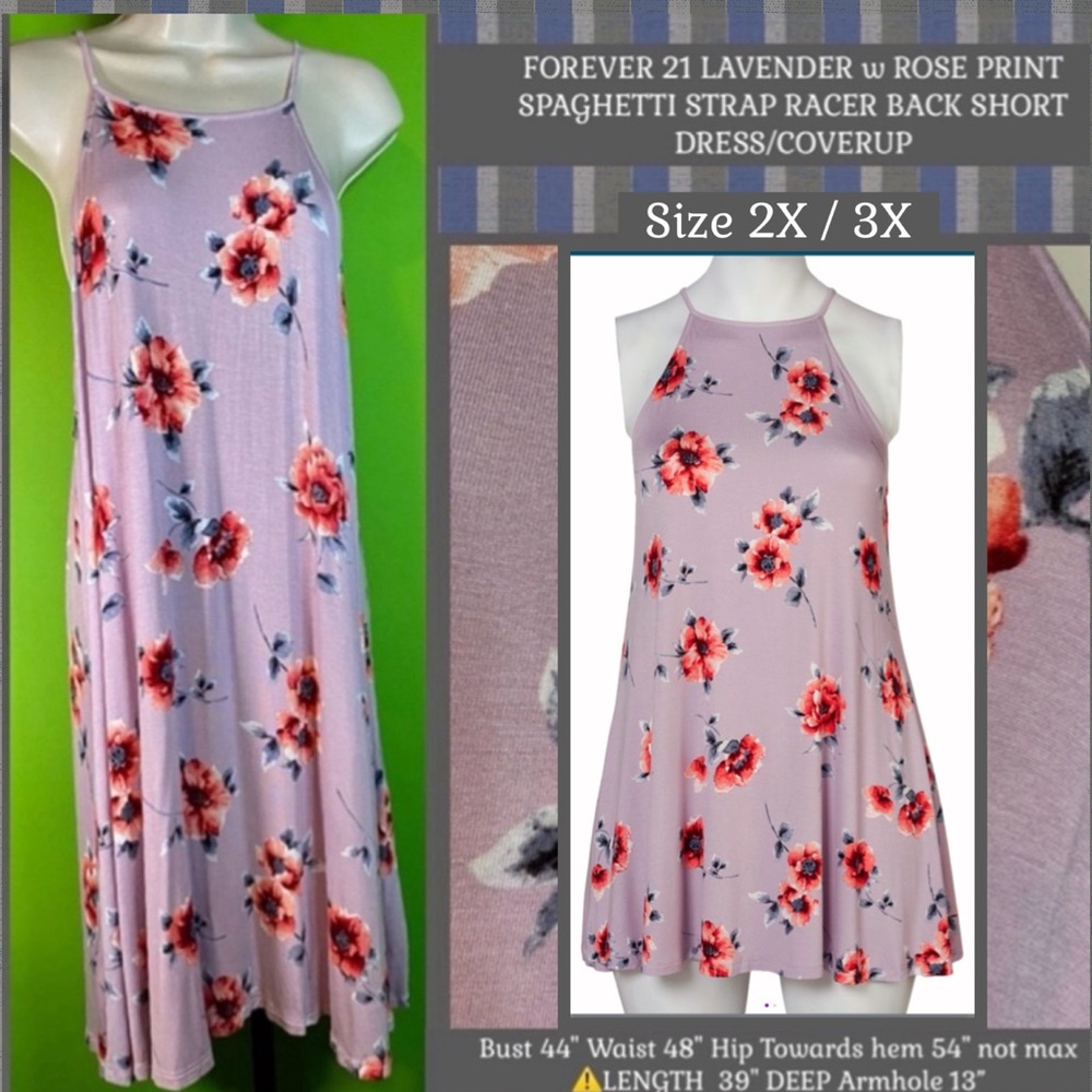 ON SALE 3X FOREVER 21 LAVENDERw ROSE PRINT SPAGHETTI STRAP SHORT DRESS/COVERUP
